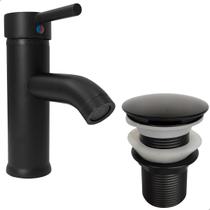 Torneira Preta Pia Banheiro Bica Baixa E Valvula Click ⅞ Inox Torneira Redonda Monocomando Misturador Ralo Escoamento Kit Lavabo Preto Fosco Luxo