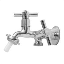 Torneira Tanque Jardim 2 Saídas Metal com Bico para Mangueira Maquina de Lavar 1/4 de Volta Cromada
