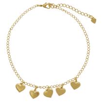 Tornozeleira com Cinco Pequenos Corações Folheada em Ouro 18K Softjoias