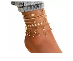Tornozeleira Elegante Dourada Feminina Varios Pingentes Tornozeleira Elegante Dourada Feminina Varios Pingentes