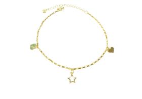 Tornozeleira Folheada Estrela Vazada 2 Corações Diamantados