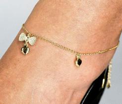 Tornozeleira Laço e Corações Banhada em Ouro 18K