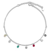 Tornozeleira Medalha Lisa e Cristal Colorido Banhada a Prata Semijoia