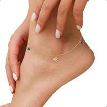 Tornozeleira Ouro18k Berloques Trevo Sorte Com zircônias Tornozeleira Ouro18k Berloques Trevo Sorte Com zircônias