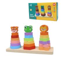 Torre Animal Educativa de Madeira, 3 Torres com Formas Geométricas, Brinquedo de Empilhar com Animais