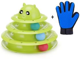 Torre de Bolinhas para Gatos Brinquedo Interativo + Luva Tira Pelos Escova Rasqueadeira