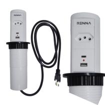 Torre de Tomada Multiplug Branca Automática com 1 Tomada + 2 USB tipo A / C embutir Bancada Renna