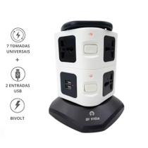 Torre de Tomadas com 7 Saídas Universais e 2 USB - Versátil e Compacta