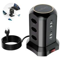 Torre de Tomadas Preta com Interruptor e Proteção