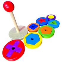 Torre encaixe madeira anéis formas brinquedo educativo jogos