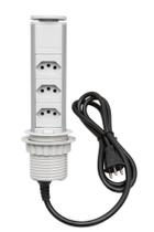 Torre Tomada 3 Elétrica 10A - Cozinha - Cinza Totem Multiplug Extensão Antichoque Choque Retrátil Embutir Sobrepor em Mesa Bancada ou Móvel