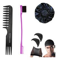 Touca Cetim, Nero Lace, Baby Hair, Pente Dentes Largos, Kit