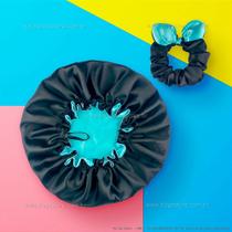 Touca de Cetim Dupla Face Ajustável Infantil + Xuxinha Scrunchie com Laço Preto e Turquesa