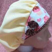 Touca De Confeiteiro Algodão Tam P Amarela Com CupCakes Touca De Confeiteiro Algodão Tam P Amarela Com CupCakes