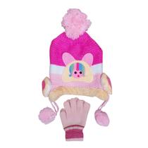 Touca de Lã Infantil com Pompom e Rosto de Bichinho 3D: Proteção de Ouvido com Forro de Pelúcia + Par de Luvas Inverno