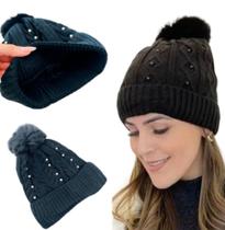 Touca Feminina Gorro Forrado Inverno Pompom Chapéu de Lã Com Pérola