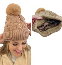 Touca Feminina Gorro Forrado Inverno Pompom Chapéu de Lã Com Pérola