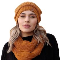 Touca feminina masculina lã e cachecol gola tricot frio kit