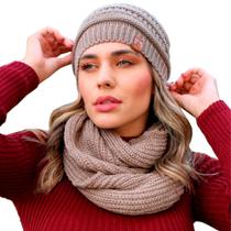 Touca feminina masculina lã e cachecol gola tricot frio kit