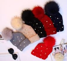Touca Gorro Feminina De Lã Forrada De Pelinho Pompom Perola
