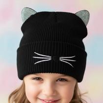 Touca Gorro Infantil Orelhas de Gato em Strass Tricô Macio Kawaii Inverno Preto Touca Gorro Infantil Orelhas de Gato em Strass Tricô Macio Kawaii Inverno Preto