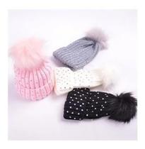 Touca Infantil Bebê Tricô C/ Strass Inverno Pompom Gorro