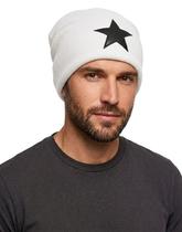 Touca Masculina Estilo Beanie Branca com Estrela Preta Gorro de Lã Macia Inverno Urbano Trend