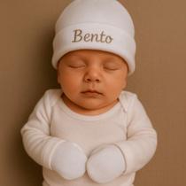 Touca para bebe maternidade personalizada Com Nome Bordado kit touca e luva branca maternidade personalizada