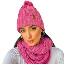 Touca pompom feminina de lã e cachecol gola tricot frio kit