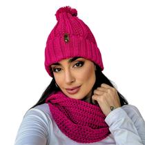 Touca pompom feminina de lã e cachecol gola tricot frio kit