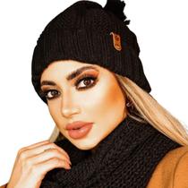 Touca pompom feminina de lã tricot frio inverno