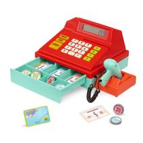 Toy Cash Register Battat Red com dinheiro, cartão de crédito 3+