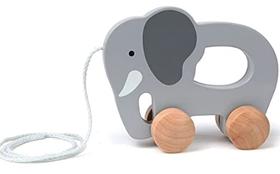 Toy Hape Elephant Wooden Push and Pull para criança, cinza