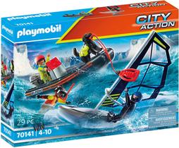 Toy Playmobil Water Rescue com cachorro com barco a motor e windsurf