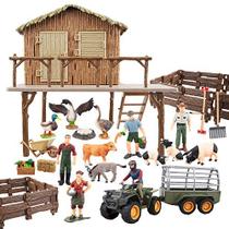 TOYMANY 37PCS Grandes Animais de Fazenda Estatuetas Brinquedo com Cerca de Motocicleta Barn House - Trator de Fazenda Figuras Definidas com Agricultores Porcos Alimentos, Brinquedos Educacionais Presente de Aniversário de Natal ou Crianças Crianças