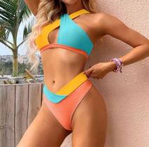 Traje De Banho Feminino Bloco De Cor Dividida Sexy Biquíni