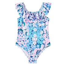 Traje de baño enterizo para niñas Angel Season 7 años con volantes y flores azules Traje de baño enterizo para niñas Angel Season 7 años con volantes y flores azules