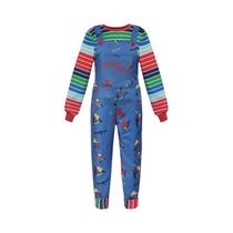 Traje de Cosplay Chucky Infantil e Adulto - Macacão Listrado Azul para Halloween