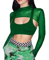 Traje de rave transparente de manga comprida Crop Top Avidlove para mulheres