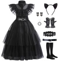 Traje de vestido preto gótico CVNHMG para meninas com acessórios