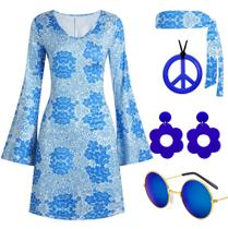 Traje Deerjoke, anos 60 e 70, roupa de discoteca, vestido hippie feminino, azul Traje Deerjoke, anos 60 e 70, roupa de discoteca, vestido hippie feminino, azul