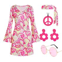 Traje Deerjoke, anos 60 e 70, roupa de discoteca, vestido hippie feminino, rosa