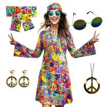 Traje MRYUWB, vestido hippie dos anos 70, colar, brincos, óculos de sol Traje MRYUWB, vestido hippie dos anos 70, colar, brincos, óculos de sol
