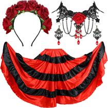 Traje Panitay Day of the Dead Mexican para mulheres, 4 peças Traje Panitay Day of the Dead Mexican para mulheres, 4 peças