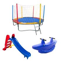 Trampolim Cama Elástica Pula Pula Premium Nacional2,30m + Escorregador Médio 3 degraus + Gangorra 2 Lugares Infantil