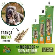 Trança de Couro Bovino com pelo para Cachorro Natuka - Mordedor Natural Pet P M G