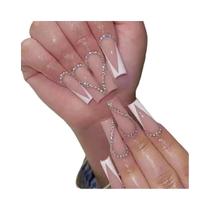 Transforme suas unhas com 24 peças de caixão longo branco francês 3D strass decoração unhas falsas