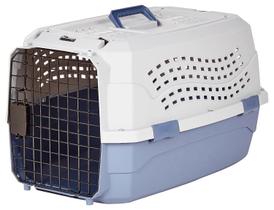 Transportador de viagem para animais de estimação Amazon Basics 2 portas Top-Load cinza e azul Transportador de viagem para animais de estimação Amazon Basics 2 portas Top-Load cinza e azul