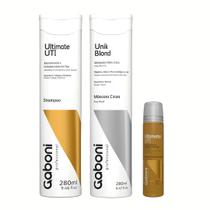 Tratamento matizador para cabelos loiros: Máscara Efeito Cinza/Platinado + Shampoo Reconstrutor + Ampola Reconstrutora Ultimate UTI Gaboni - UnikBlond