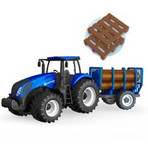 Trator Azul de Agricultor com Carga Tora e Paletes Realista Trator Azul de Agricultor com Carga Tora e Paletes Realista